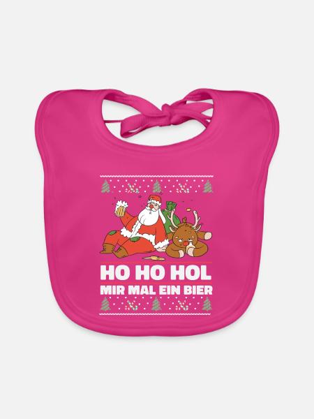 Ho Ho Hol – Weihnachtsmann und Rentier mit Bier - Baby Bio-Lätzchen - Fuchsia - Vorne