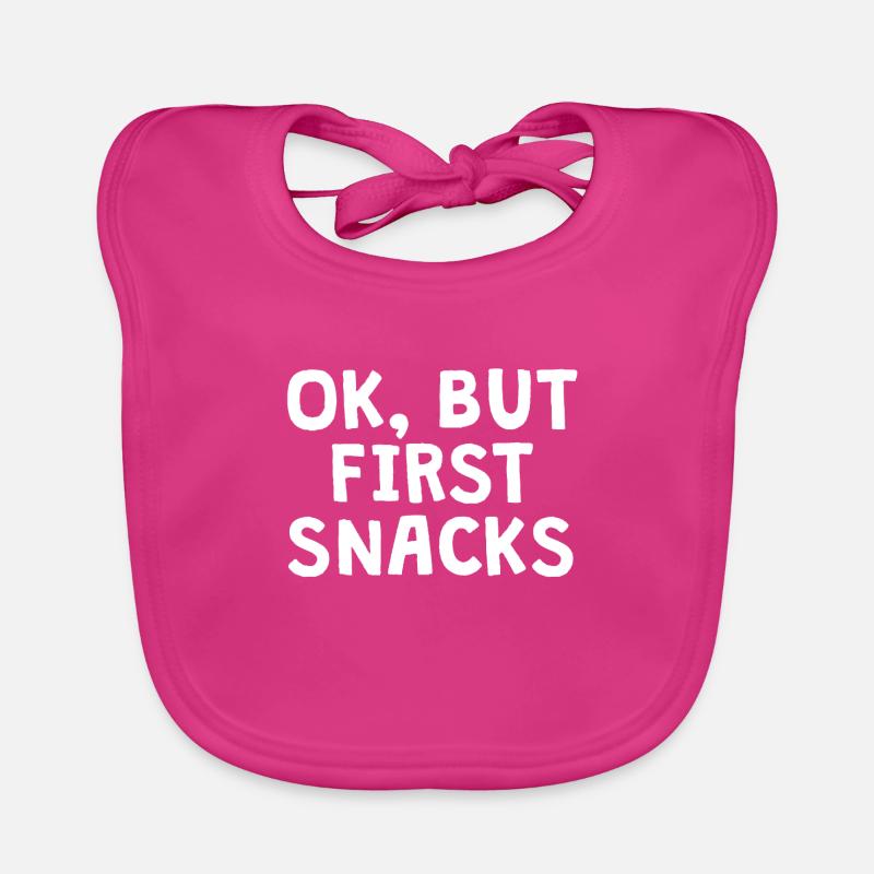 OK, BUT FIRST SNACKS - Organic Baby Bibs - fuchsia