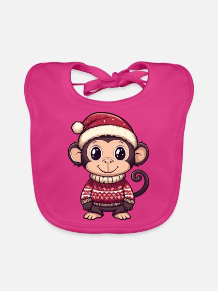 Monkey Christmas Comic - Organic Baby Bibs - fuchsia - Front