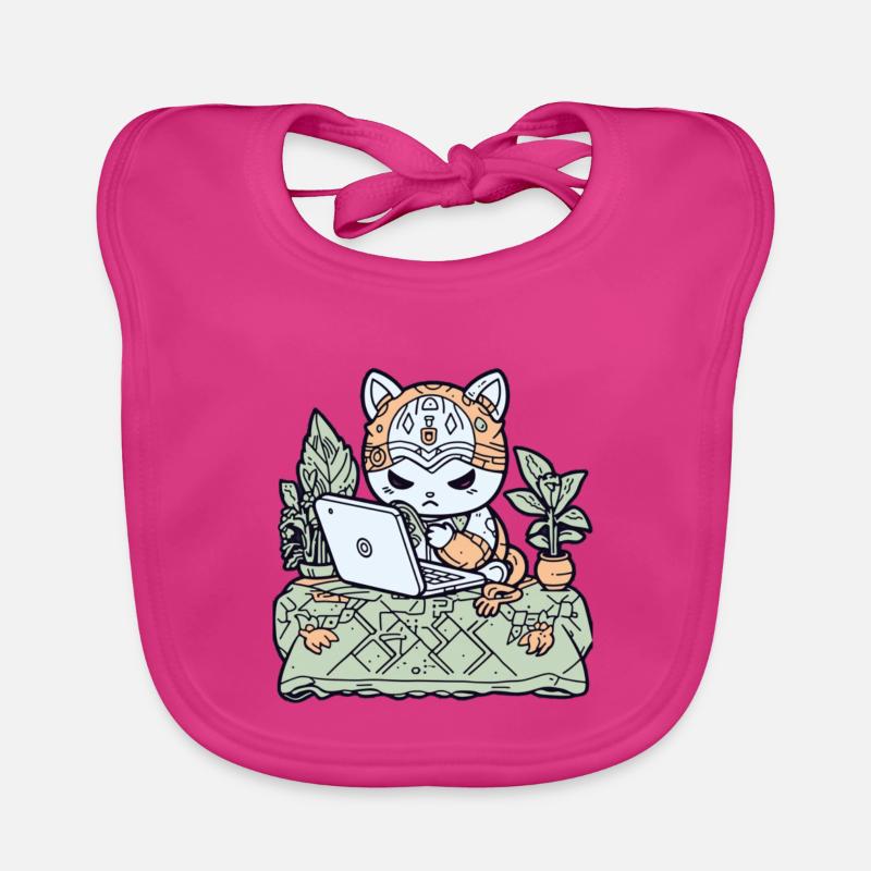 Chat Tech en armure de jardin - Bavoir bio Bébé - fuchsia