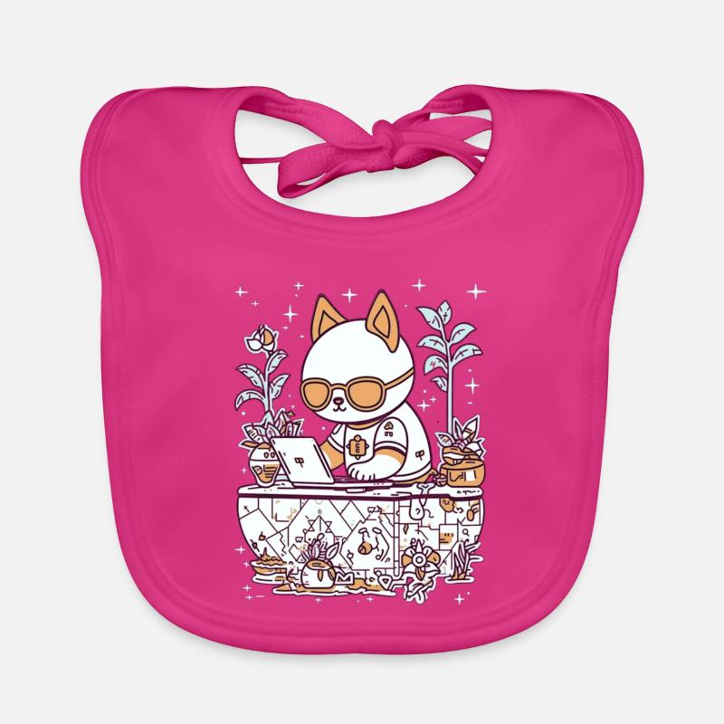 Chat Kawaii à un bureau confortable - Bavoir bio Bébé - fuchsia