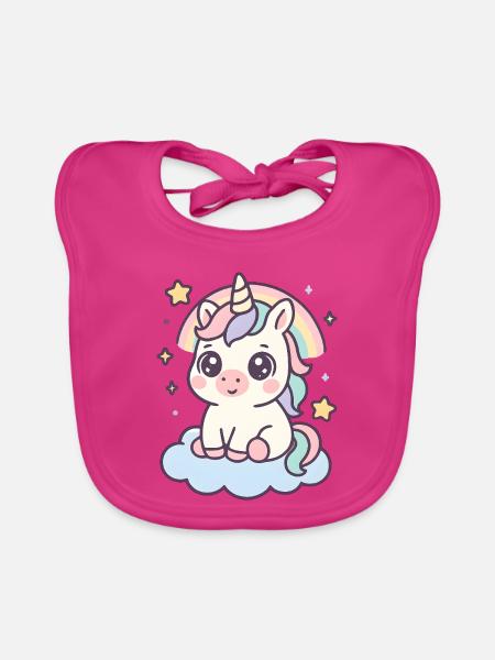 Kawaii Einhorn auf Wolke mit Regenbogen Sterne - Baby Bio-Lätzchen - Fuchsia - Vorne