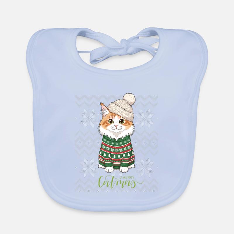 Chat Noël en pull vert et beige Bavoir bio Bébé