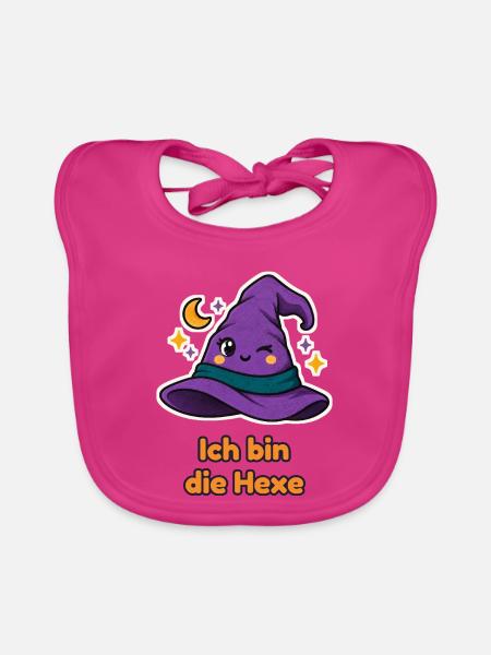 Ich bin die Hexe – Partnershirt mit Hexenhut - Baby Bio-Lätzchen - Fuchsia - Vorne