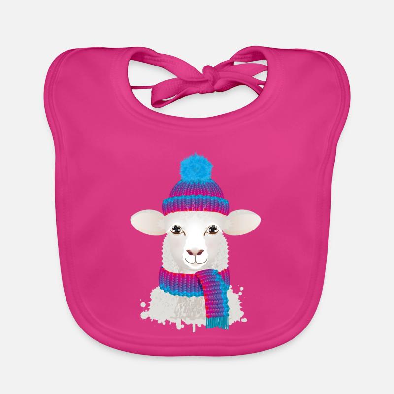 mouton blanc avec chapeau à bobble coloré et écharpe tricotée - Bavoir bio Bébé - fuchsia