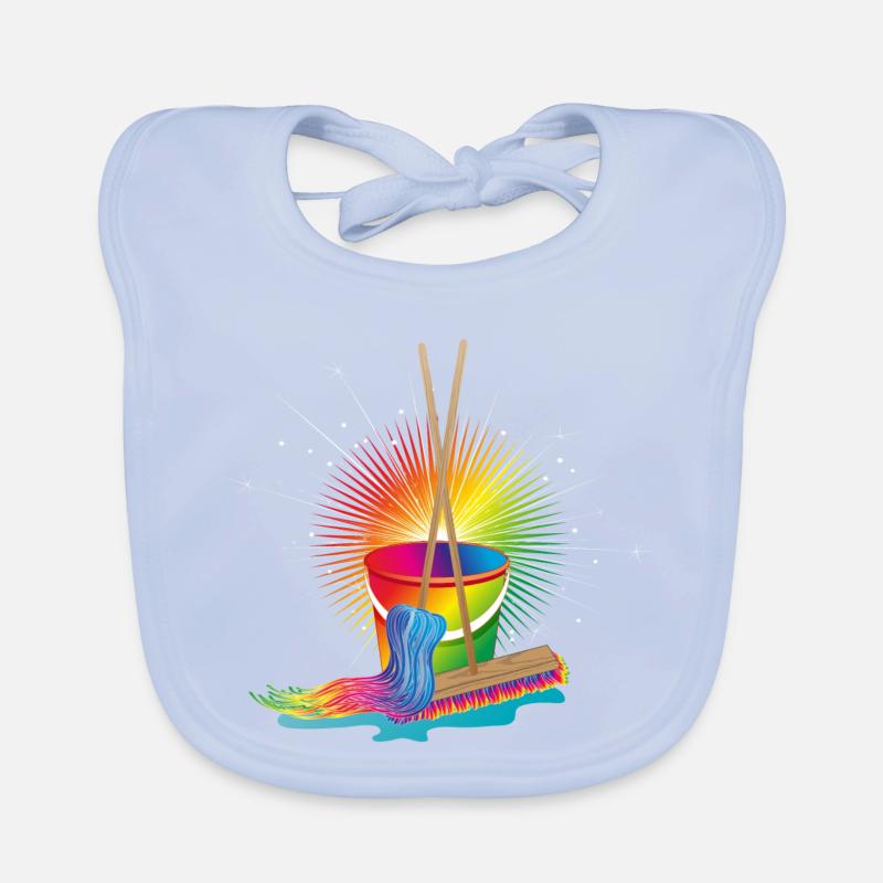 Wischmop,Besen und Eimer in Regenbogenfarben Baby Bio-Lätzchen