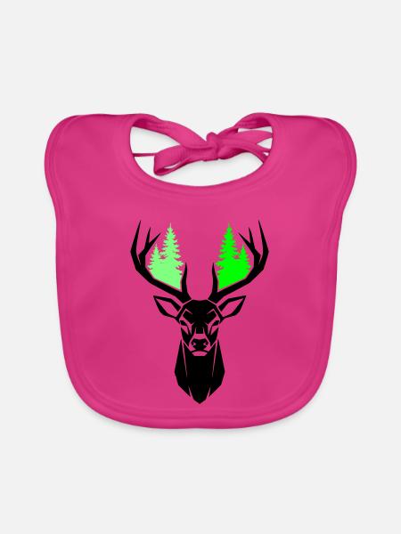 Deer Head Fir Trees Natural Green - Organic Baby Bibs - fuchsia - Front