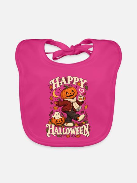 Happy Halloween – Cozy Kürbis mit Kakao und Geist - Baby Bio-Lätzchen - Fuchsia - Vorne