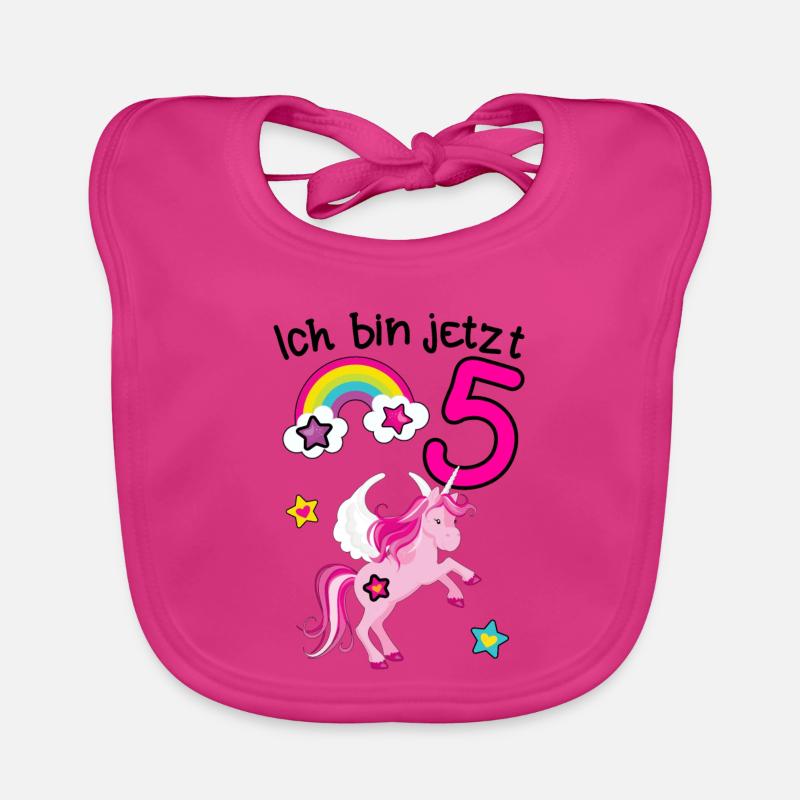 Ich bin jetzt 5 Geburtstags-Einhorn mit Regenbogen - Baby Bio-Lätzchen - Fuchsia