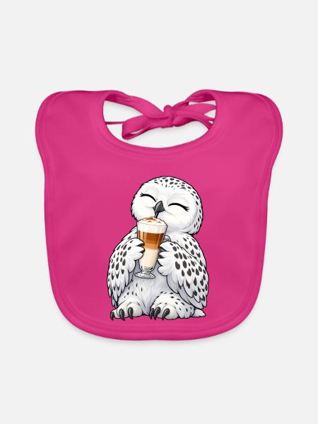 Schneeeule mit Latte Macchiato - Baby Bio-Lätzchen - Fuchsia - Vorne