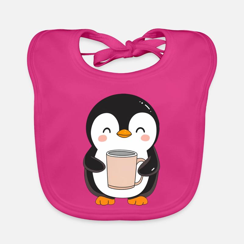 Cute Penguin Holding Coffee Cup - Adorable Design Organic Baby Bibs