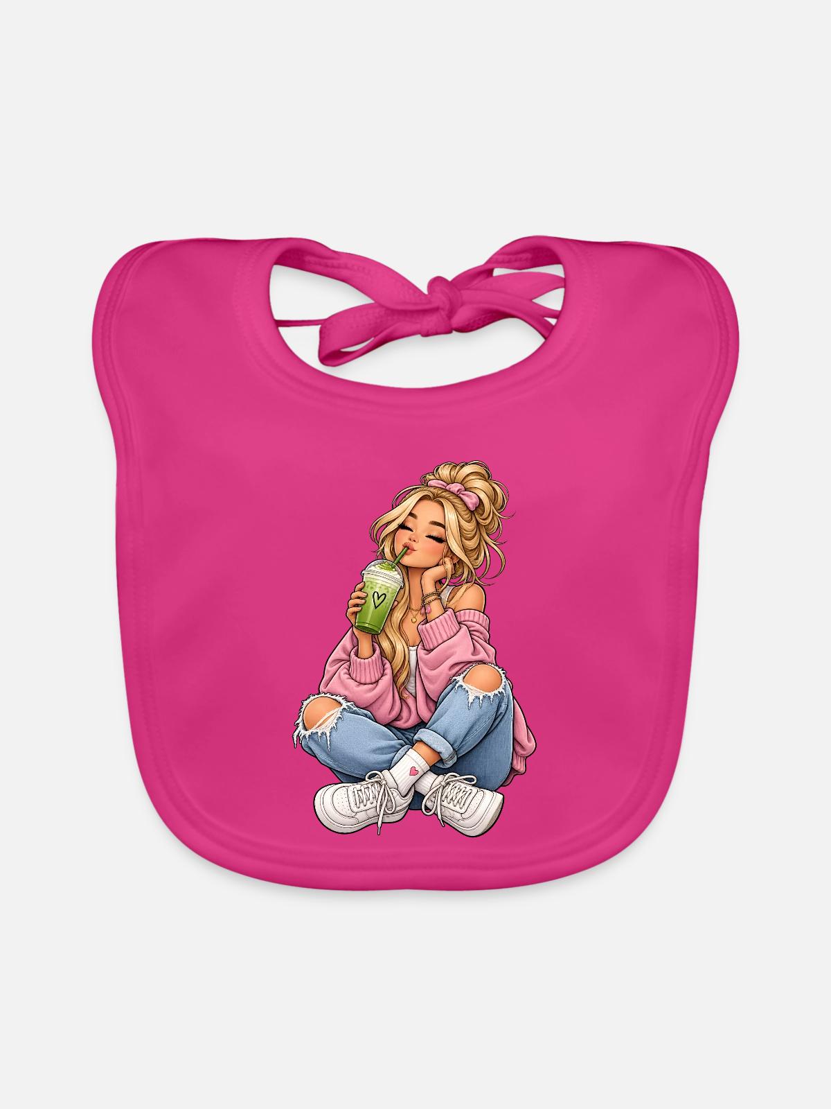 Mädchen mit Matcha Latte - Baby Bio-Lätzchen - Fuchsia - Vorne