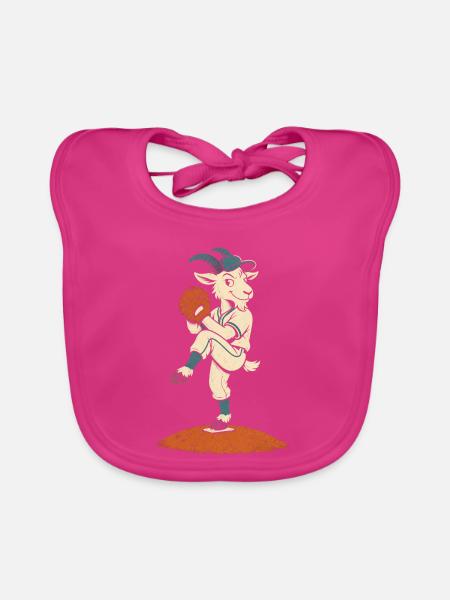 Baseball Pitcher Ziege auf dem Hügel Ballspieler - Baby Bio-Lätzchen - Fuchsia - Vorne