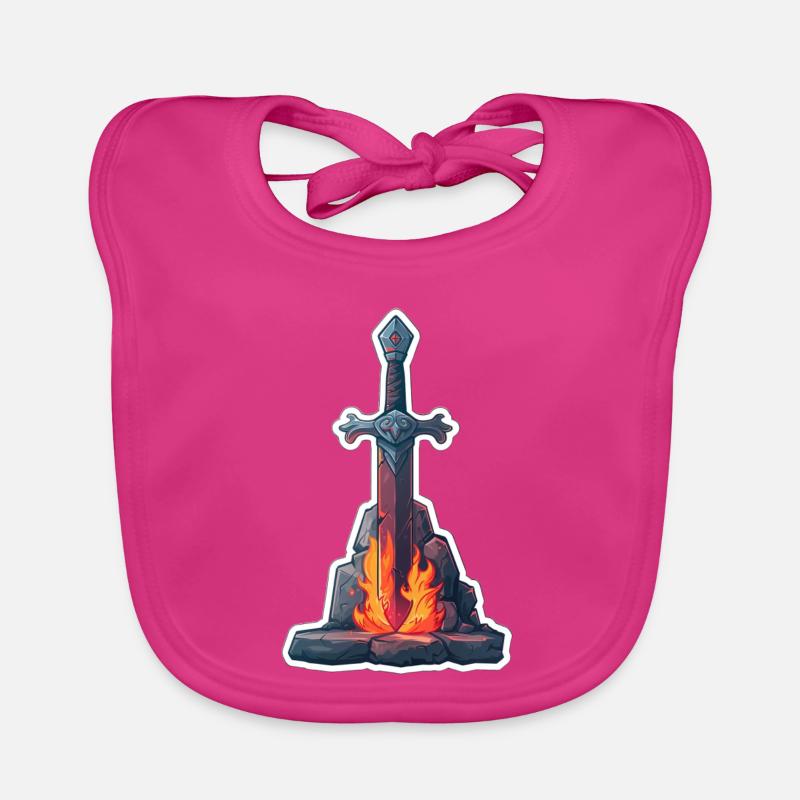 Fantasy RPG Sword with Fire in a Stone Organic Baby Bibs