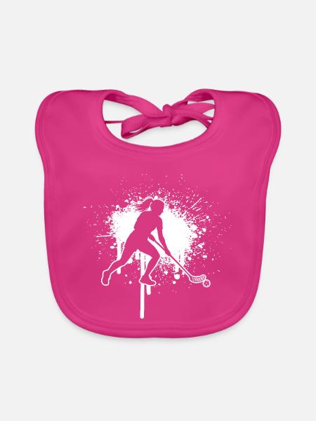 Unihockey Geschenkidee für eine Unihockeyspielerin - Baby Bio-Lätzchen - Fuchsia - Vorne