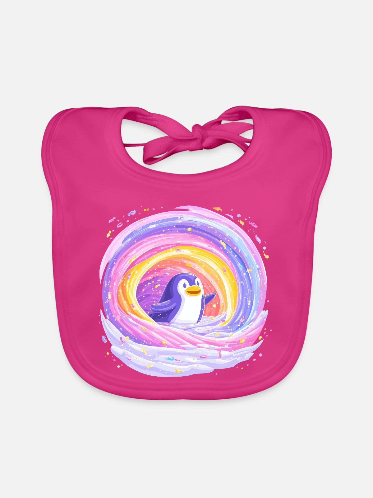 Regenbogen-Pinguin im Wirbel - Baby Bio-Lätzchen - Fuchsia - Vorne