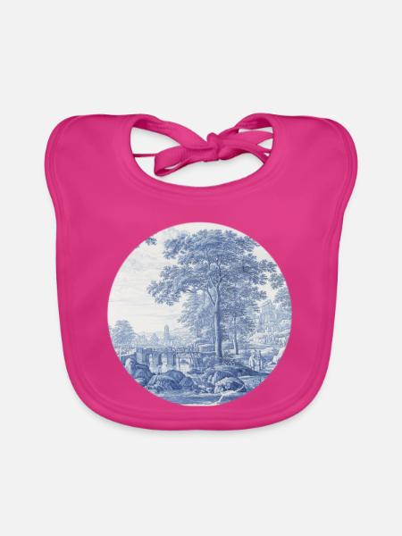 Delft_Blue_Classic_Dutch_Landscape_Ceramic_Art - Baby Bio-Lätzchen - Fuchsia - Vorne