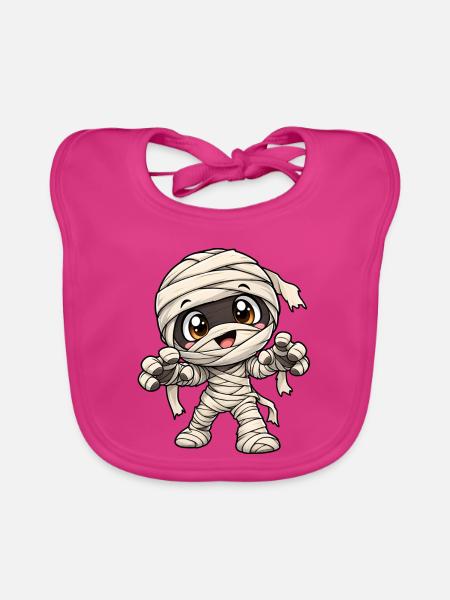 Mumie Kawaii Style – Süßes Halloween Motiv - Baby Bio-Lätzchen - Fuchsia - Vorne
