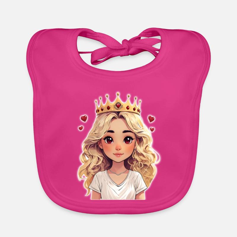 Süßes blondes Mädchen mit Krone und Herzchen - Baby Bio-Lätzchen - Fuchsia