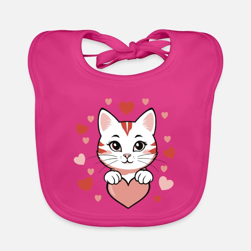 Chat avec des cœurs Amour - Bavoir bio Bébé - fuchsia