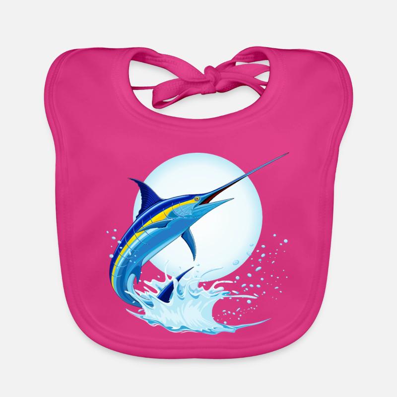 Blauer Marlin-Schwertfisch springt aus dem Ozean - Baby Bio-Lätzchen - Fuchsia