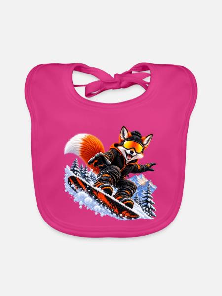 Snowboard Fuchs – Winter Sport Tier - Baby Bio-Lätzchen - Fuchsia