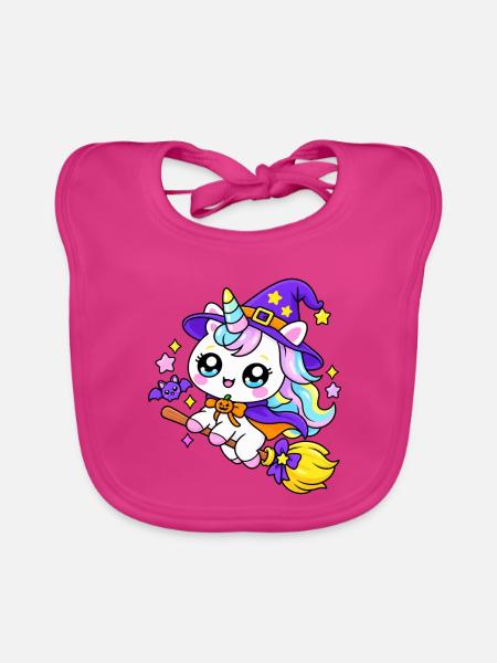 Einhornhexe Kawaii auf einem Besen - Baby Bio-Lätzchen - Fuchsia - Vorne