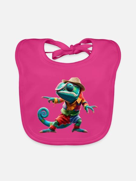 Buntes Chamäleon im Outfit – Lustiges Tierdesign - Baby Bio-Lätzchen - Fuchsia