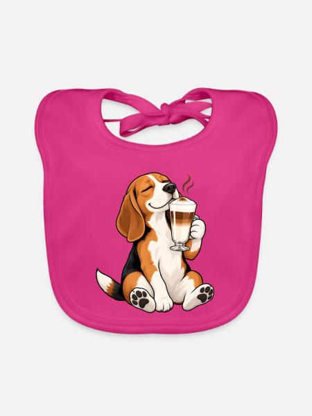 Beagle mit Latte Macchiato - Baby Bio-Lätzchen - Fuchsia - Vorne