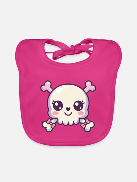 Niedlicher Kawaii-Schädel mit gekreuzten Knochen und rosa Bögen - Baby Bio-Lätzchen - Fuchsia - Vorne