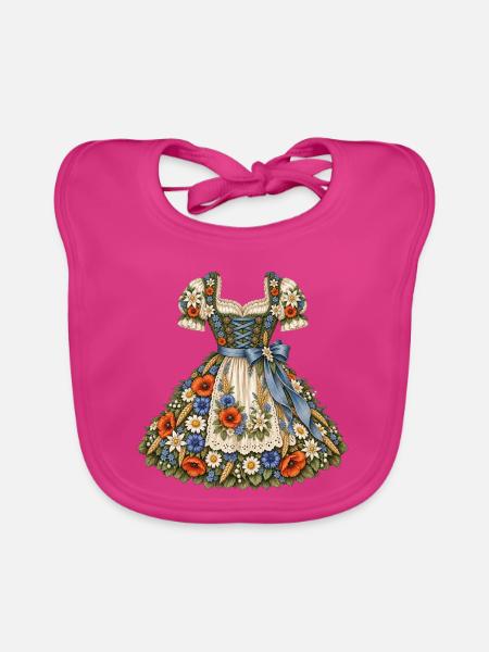 Florales Dirndl mit Edelweiß & Mohnblumen - Baby Bio-Lätzchen - Fuchsia - Vorne