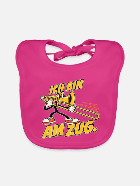 Ich bin am Zug – Lustiges Posaunen-Maskottchen - Baby Bio-Lätzchen - Fuchsia - Vorne