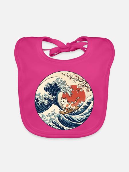 Katze surft auf der großen Welle - Baby Bio-Lätzchen - Fuchsia