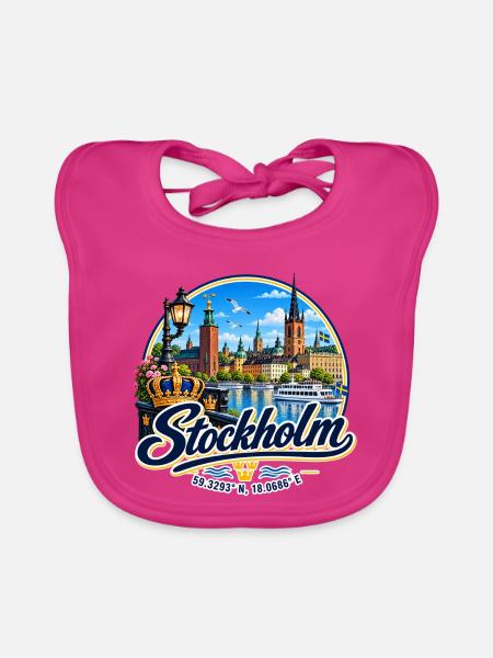 Stockholm - Sverige - Sweden - Schweden schwedisch - Baby Bio-Lätzchen - Fuchsia - Vorne
