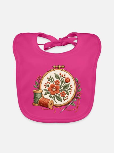 Stickrahmen mit Blumen - Motiv für Stickfans - Baby Bio-Lätzchen - Fuchsia - Vorne