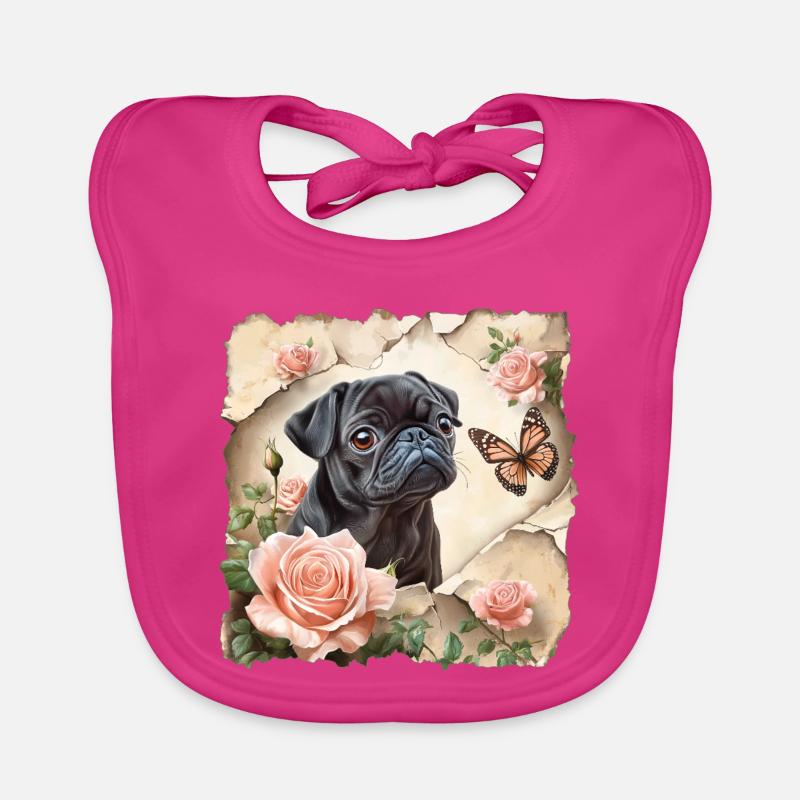 Schwarzer Mops mit Schmetterling - Baby Bio-Lätzchen - Fuchsia