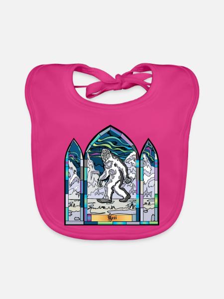 Buntglas-Yeti in Schneelandschaft - Baby Bio-Lätzchen - Fuchsia - Vorne
