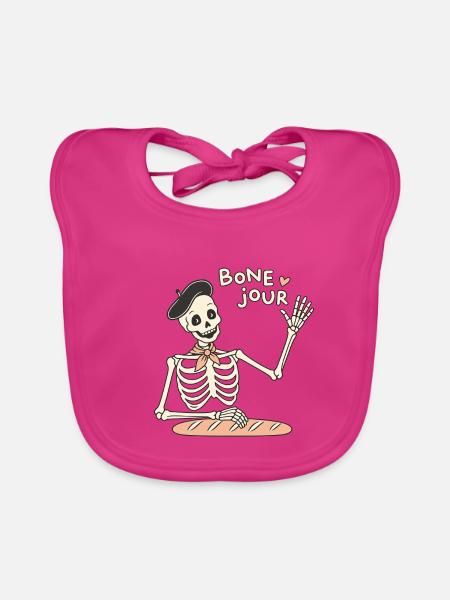 Bone Jour – Skelettgruß - Baby Bio-Lätzchen - Fuchsia - Vorne