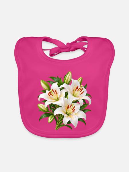 Weiße Lilien-Blumenstrauß-Kunst - Baby Bio-Lätzchen - Fuchsia - Vorne