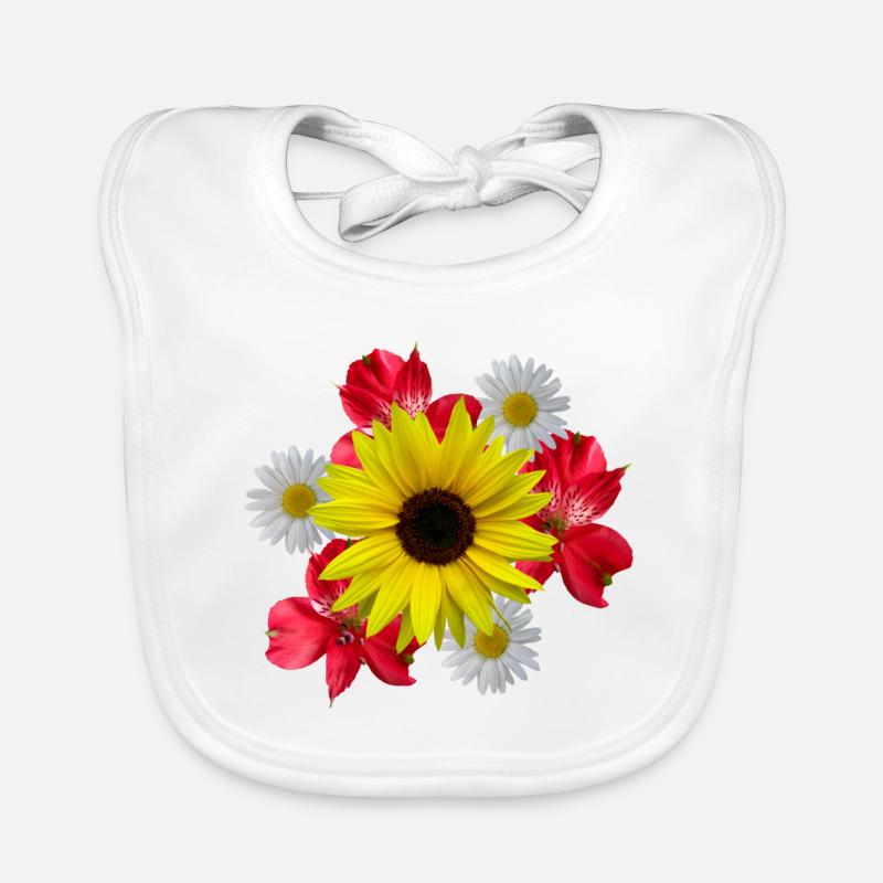 Blumenstrauß, Sonnenblume, Margeriten, rote Blumen - Baby Bio-Lätzchen - Weiß