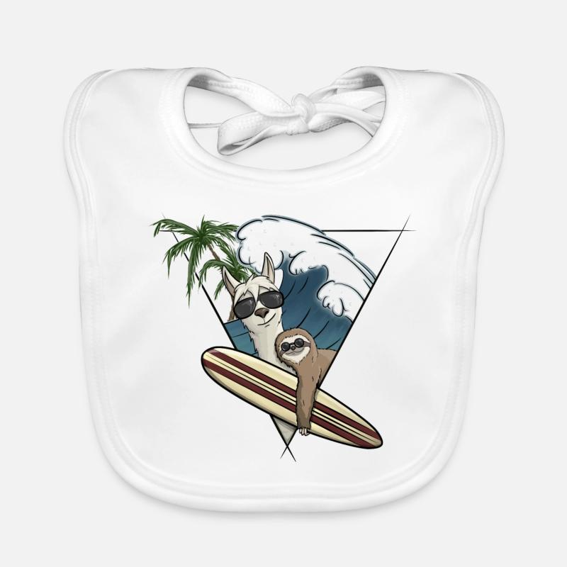 Surf Holiday Llama & Sloth Planche de surf Wave Palm Trees Bavoir bio Bébé