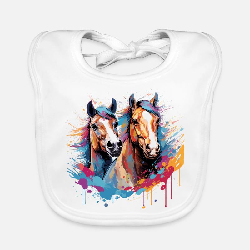 Chevaux, horses - Bavoir bio Bébé - blanc