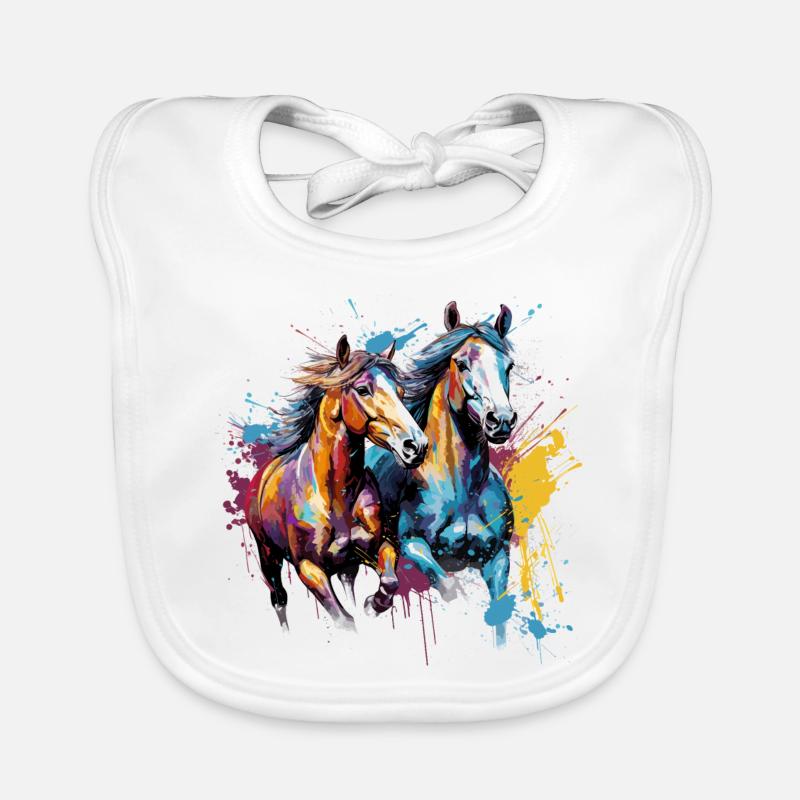 Cheval, chevaux - Bavoir bio Bébé - blanc