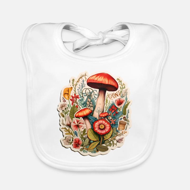 Boho Kunst mit Pilzen und Blumen - Baby Bio-Lätzchen - Weiß