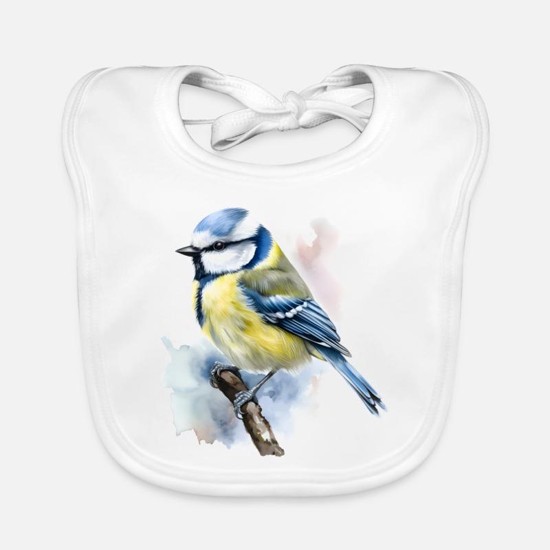 Blaumeise Vogel Wald Tier auf Ast in Wasserfarben - Baby Bio-Lätzchen - Weiß