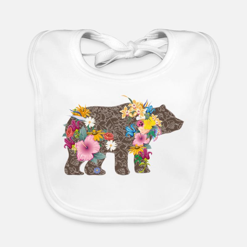 Un ours avec des fleurs - Bavoir bio Bébé - blanc