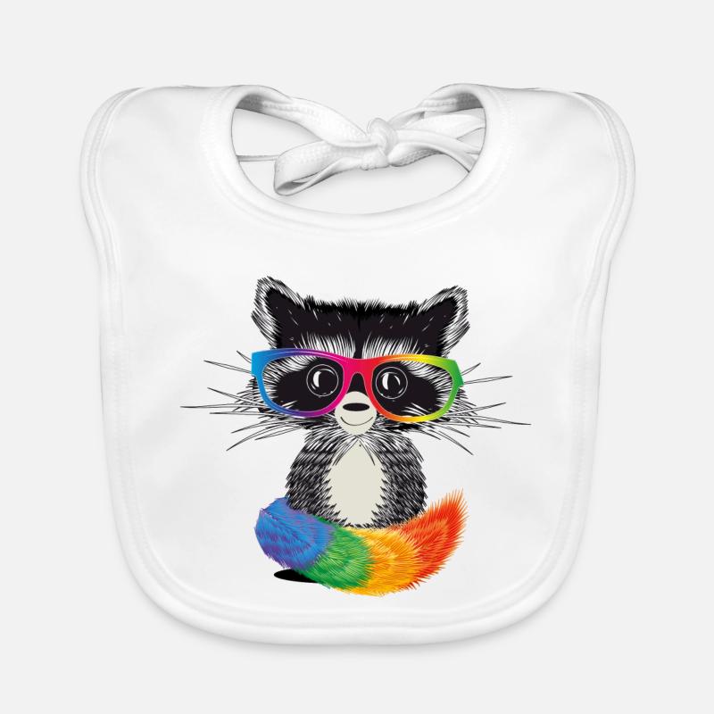 Waschbär mit Brille in Regenbogen Farben - Baby Bio-Lätzchen - Weiß