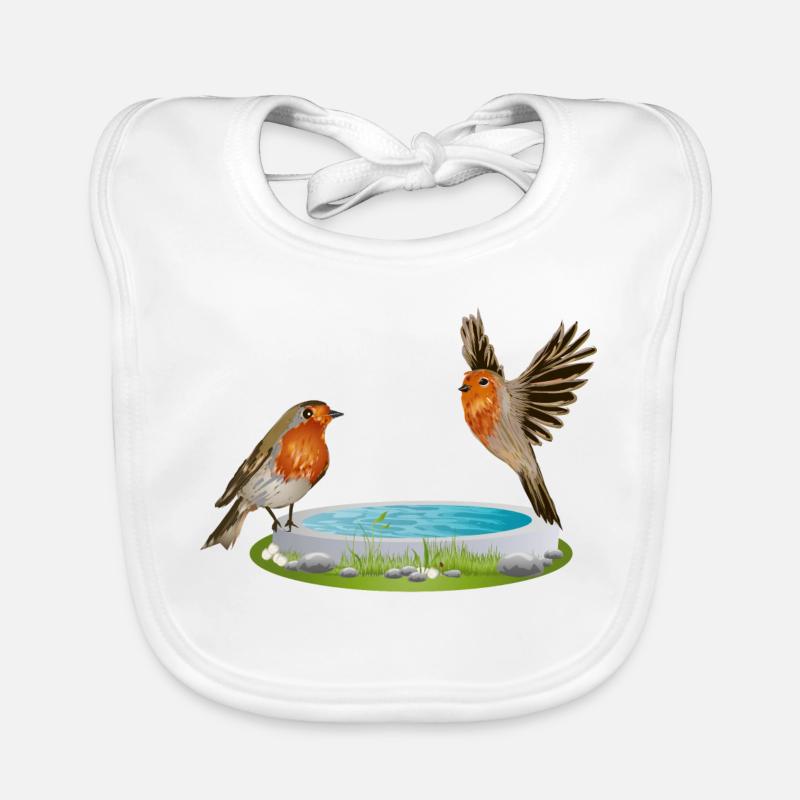 Bird potions with two fun robins - Organic Baby Bibs - white