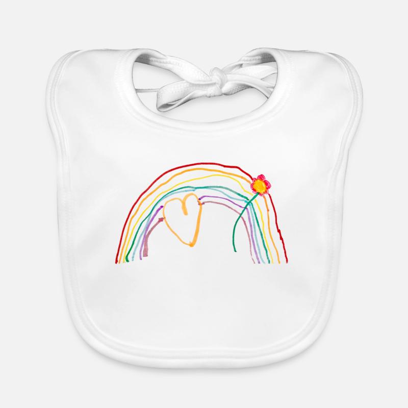 Arc-en-ciel avec cœur et fleur - Bavoir bio Bébé - blanc