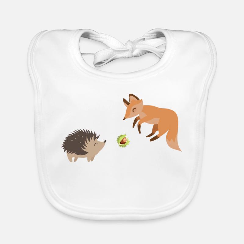 Fuchs und Igel spielen mit einer Kastanie Fußball - Baby Bio-Lätzchen - Weiß